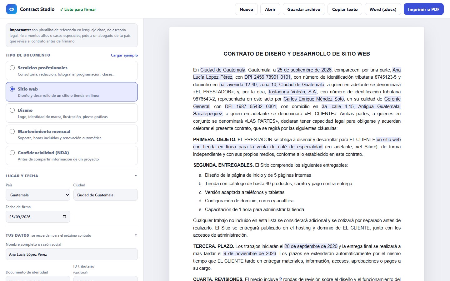 Contract Studio con el formulario a la izquierda y el contrato armado en vivo a la derecha