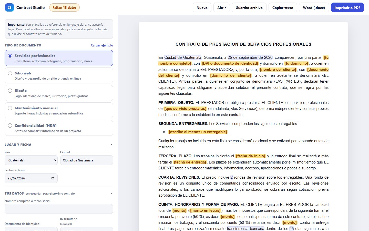 Contrato vacío con los datos pendientes resaltados en amarillo y el aviso Faltan 13 datos