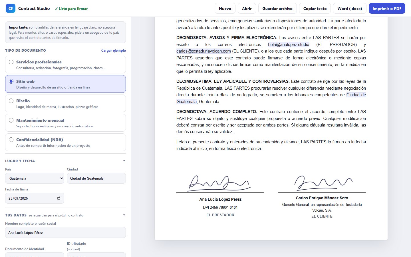 Final del contrato con las cláusulas de ley aplicable y las firmas de ambas partes