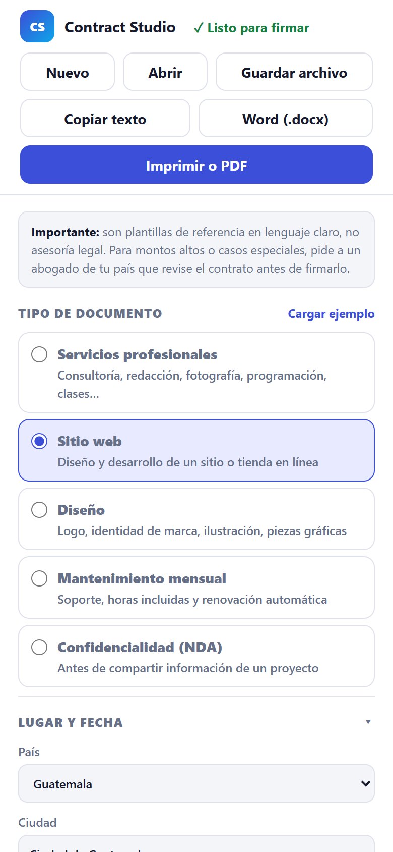 Formulario de Contract Studio en el teléfono con las cinco plantillas