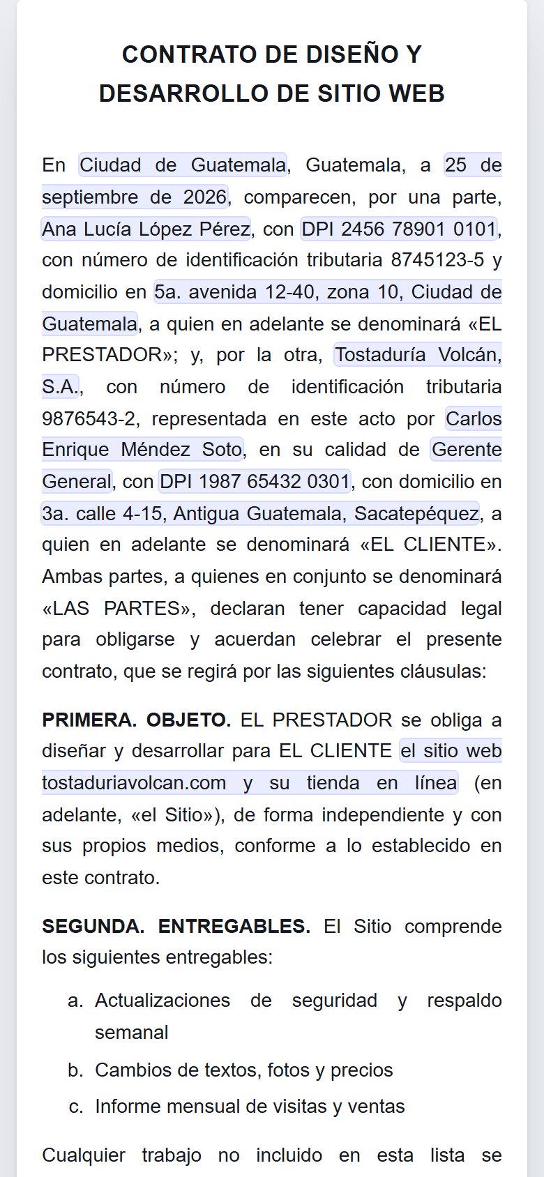 Contrato de sitio web en el teléfono