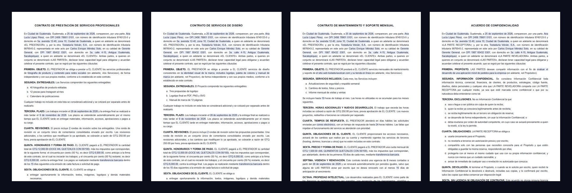 Primera página de cuatro contratos: servicios profesionales, diseño, mantenimiento mensual y confidencialidad