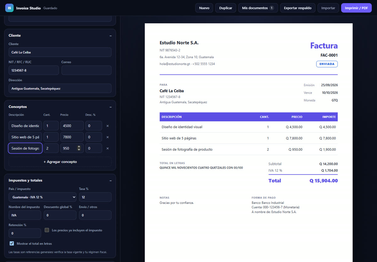 Invoice Studio con el editor a la izquierda y la factura terminada a la derecha