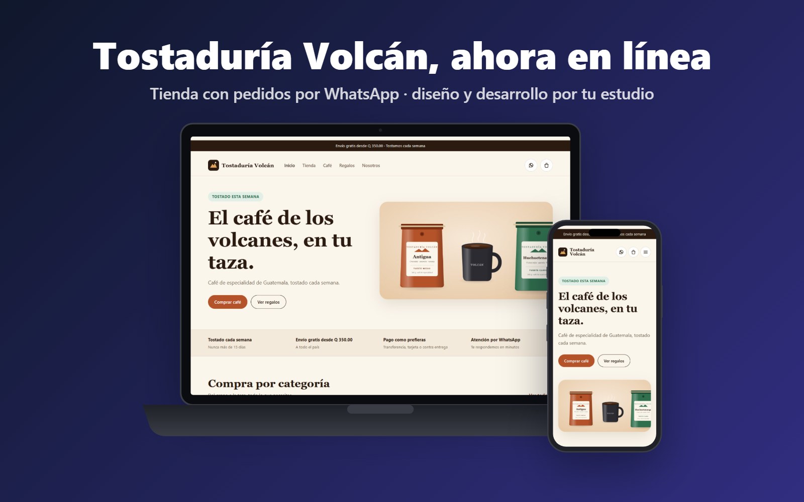 Mockup de una tienda de café en laptop y teléfono con un titular arriba