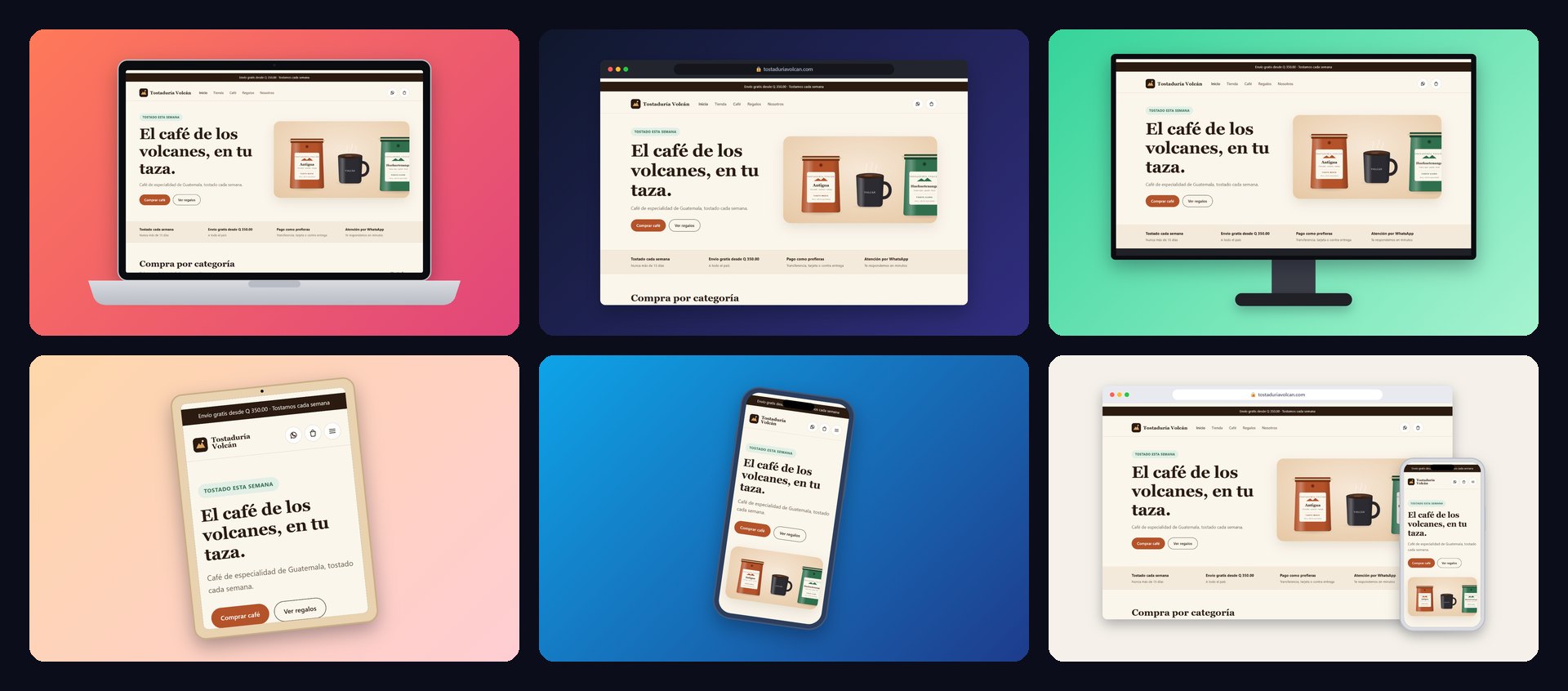 Seis mockups de una tienda en línea: laptop, navegador oscuro, monitor, tableta, teléfono y navegador con teléfono