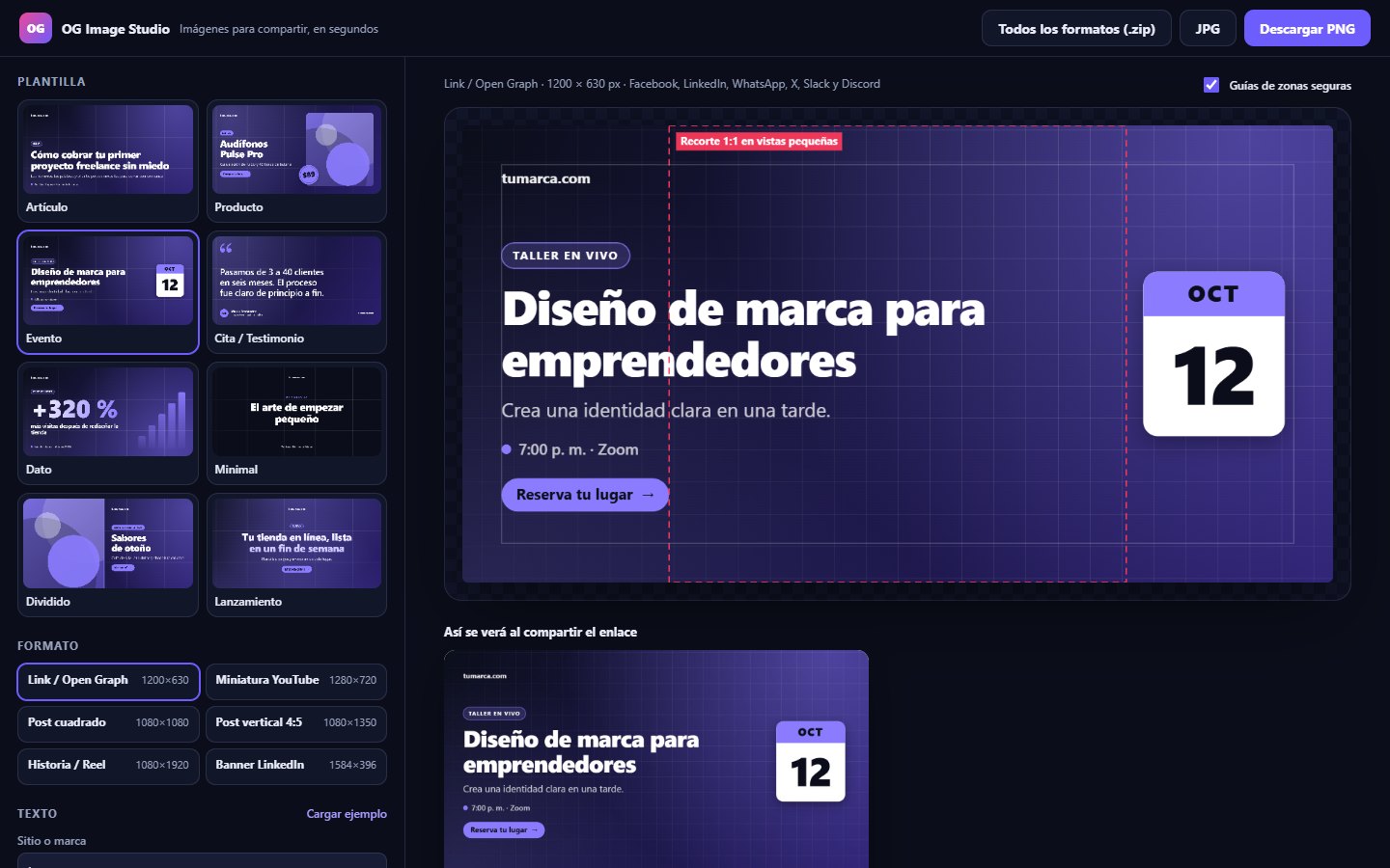 OG Image Studio con plantillas a la izquierda y la vista previa de una imagen para compartir