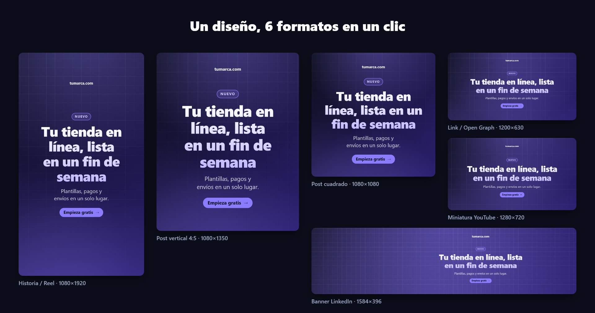 El mismo diseño adaptado a seis formatos de redes sociales