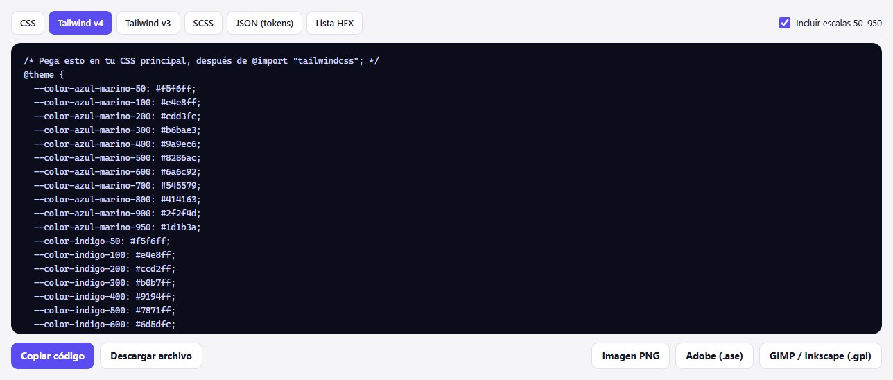 Código @theme de Tailwind v4 con las variables de color de la paleta
