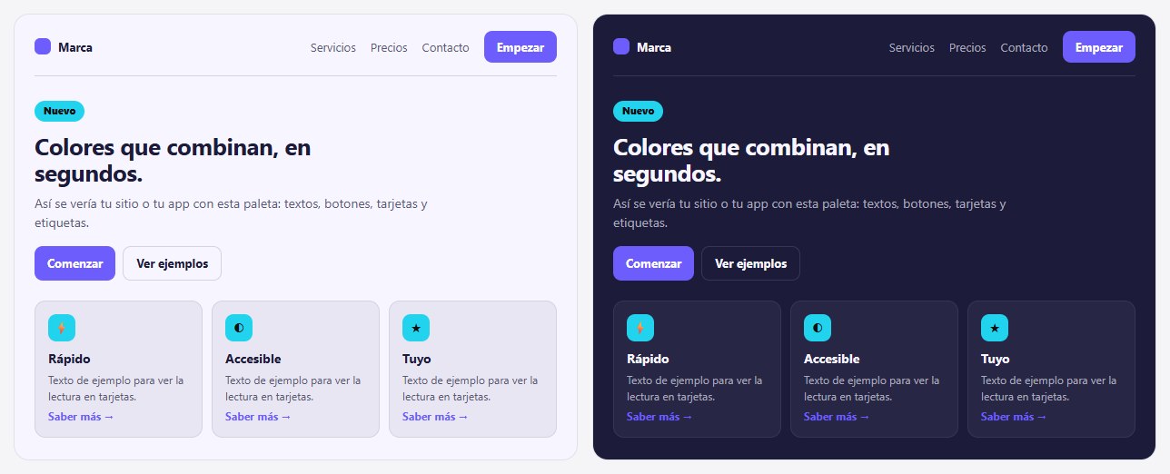 Página de ejemplo con la paleta aplicada en modo claro y en modo oscuro