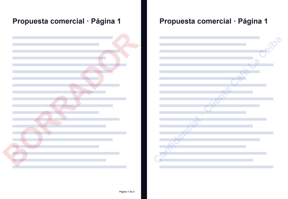 Páginas de un PDF con marca de agua diagonal y número de página al pie