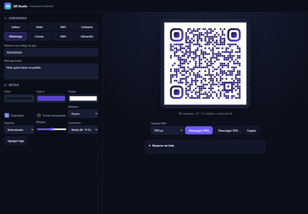 QR Studio con el editor de estilo y un código QR con logo