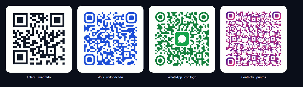 Ocho códigos QR con distintos estilos y colores
