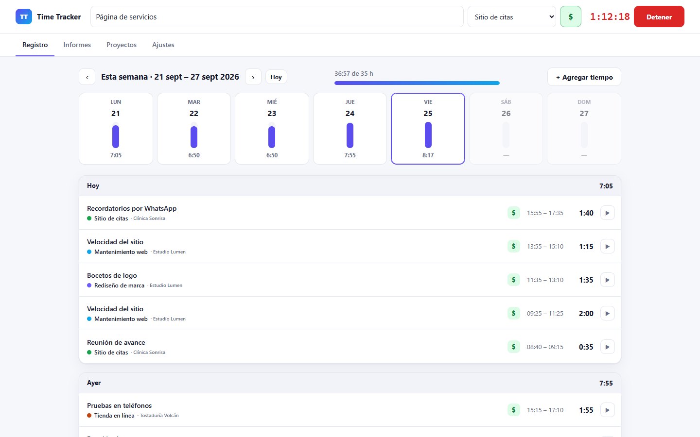 Time Tracker con el cronómetro en marcha y las tareas del día con su proyecto y duración
