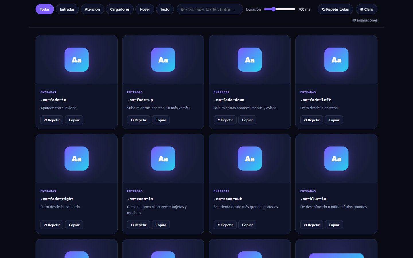 Catálogo interactivo de Motion CSS con tarjetas de animaciones