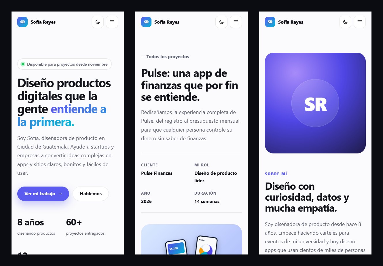 Tres páginas del portafolio en vista móvil