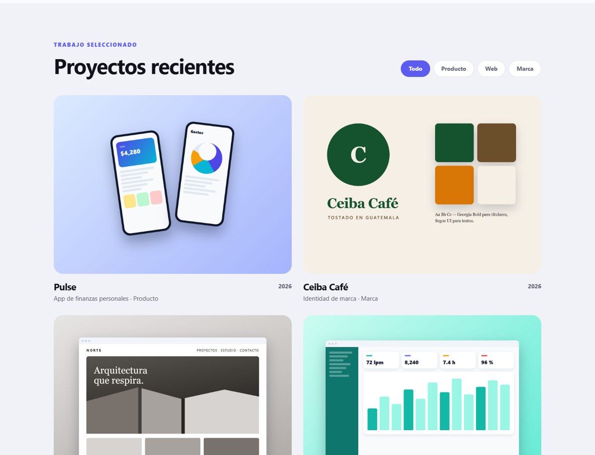 Sección de proyectos con filtros por categoría