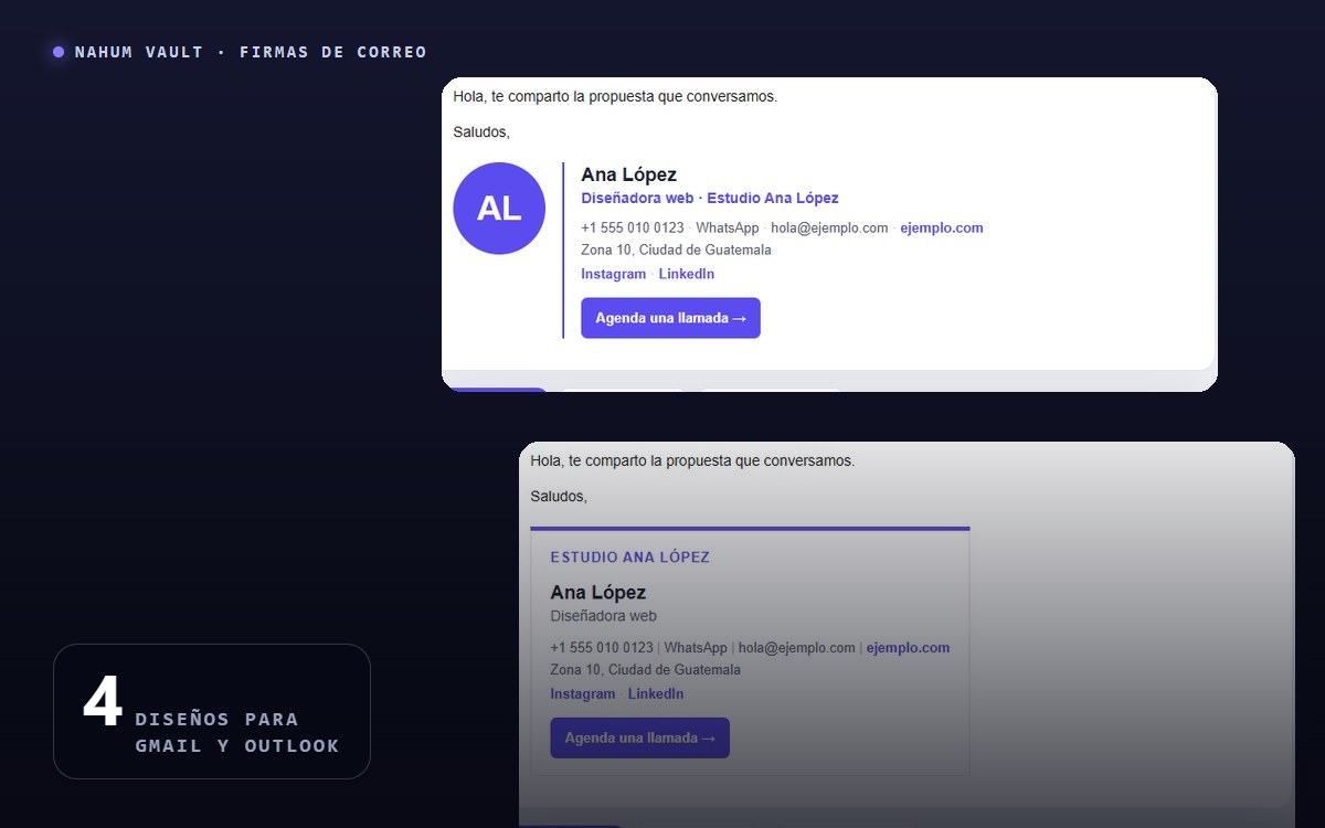 Editor de firmas de correo con cuatro diseños