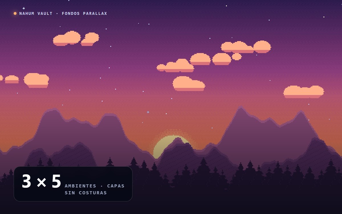 Paisaje de pixel art al atardecer en capas