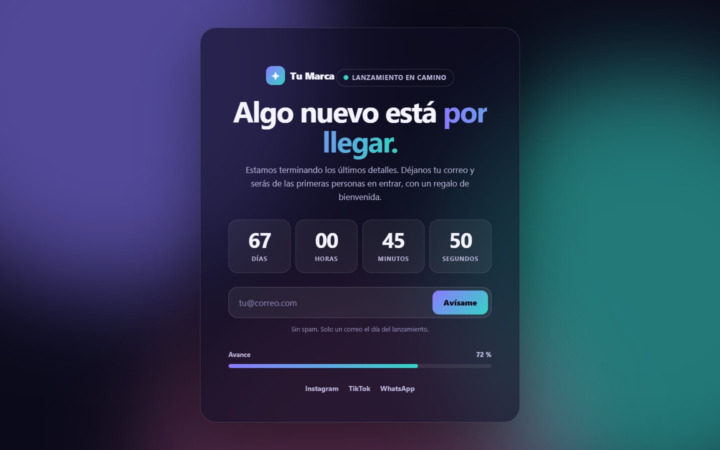 Plantilla Muy pronto con cuenta regresiva y formulario