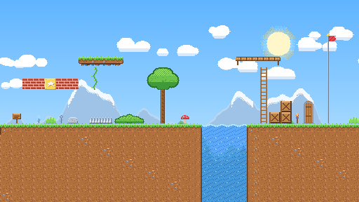 Nivel de ejemplo armado con el tileset sobre el fondo parallax de día